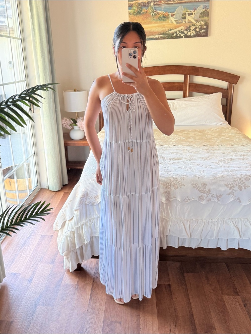 Kona Sol Tiered Maxi Dress White Gray Stripe Keyhole Back Size M